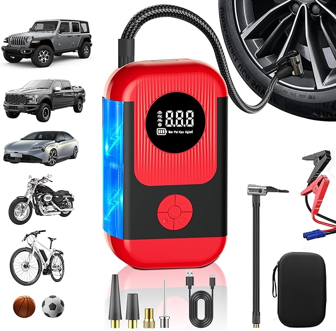 Tire Inflator Portable Air Compressor with battery jumper starter, 28000mAh Battery 3X Faster Cordless Tire Inflator with Tire Pressure Gauge,150PSI Electric Air Pump for Car Tires,Motorcycle,Bike
