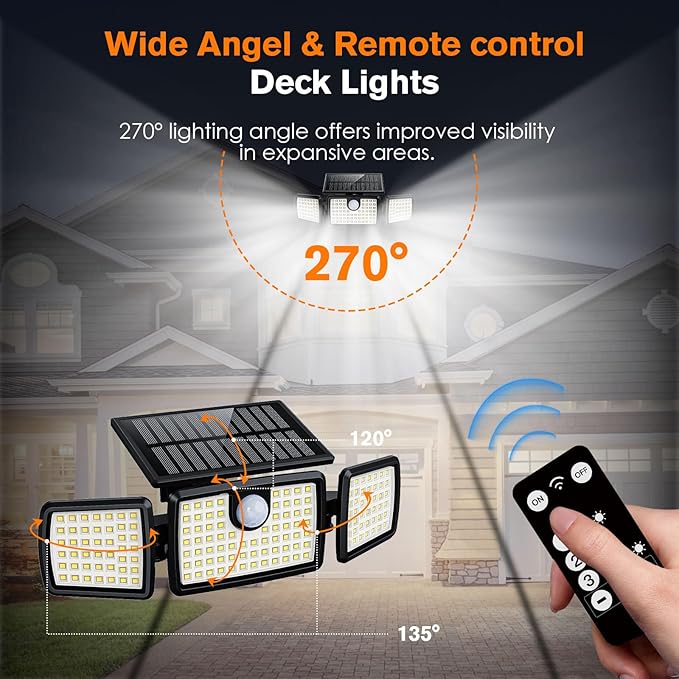 Solar Lights Outdoor, Quick Charge Solar Motion Deck Lights Outdoor for Deck with 158LEDs High Brightness, Larger Built-in Tempered Glass Panel, Sensitive PIR Motion Inductor (Remote,1 Pack)