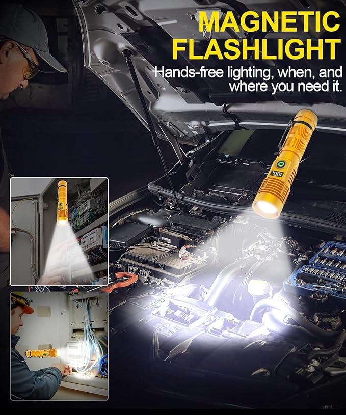 Rechargeable Flashlight High Lumens- Super Bright Magnetic Flash Light with Power Digital Display,3280Ft Long Range,Dimmable,Waterproof,Pocket Tactical LED Flashlights for Emergency,Gold 1PC
