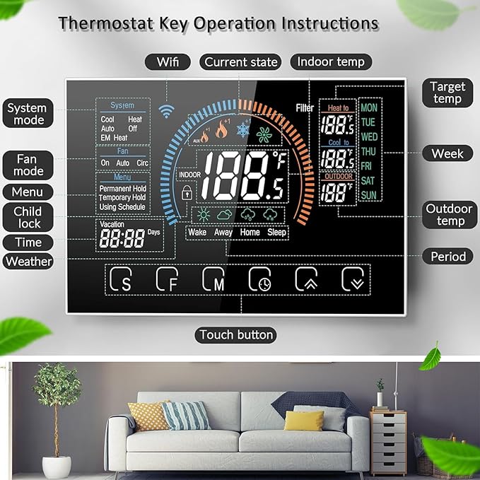 Smart Thermostats for Home, Digital Thermostat with App, WiFi Thermostats for Home Heat Pumps, Cooling Heating & Auto, Includes C-Wire Adapter, LCD Screen/Voice Control/Weather/Energy Saving