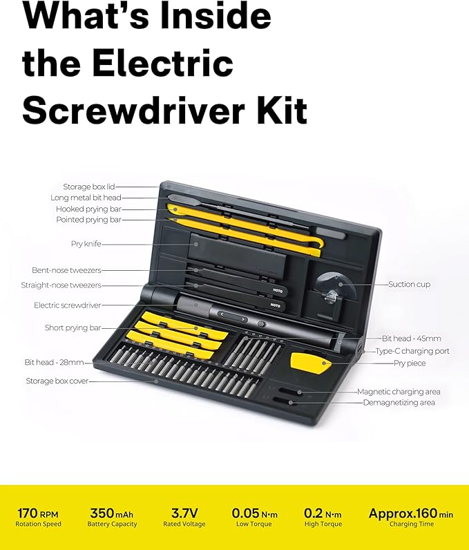 HOTO Electric Precision Screwdriver Set, 48 in 1 Electronics Tool Kit, Magnetic Bits & Box, LED Light & 2 Torque Settings, Mini Screwdriver Set for Eyeglasses, Watches, Phones, Laptops, Cameras Repair