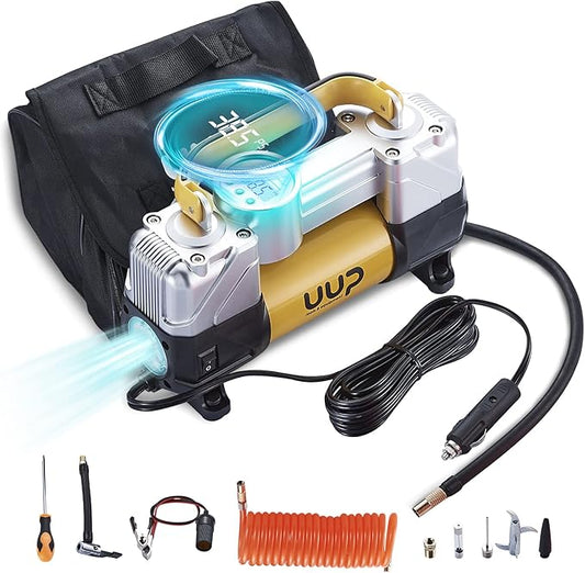 Portable Digital Car Tire Inflator with Gauge Auto Shut-Off, 150PSI 12V DC Double Cylinders Heavy Duty Portable Air Pump w/Emergency LED Light for Truck, SUV, Car, RV
