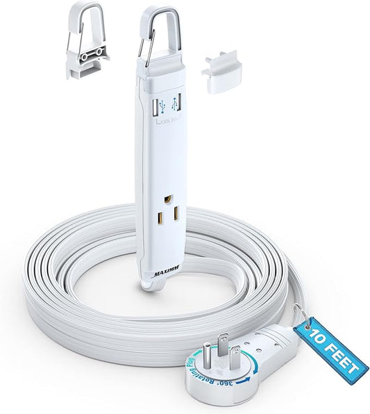 360° Rotating Flat Plug Extension Cord with USB Ports and a Removable Hook White Extension Cord 12 ft (16 Gauge) UL Certified