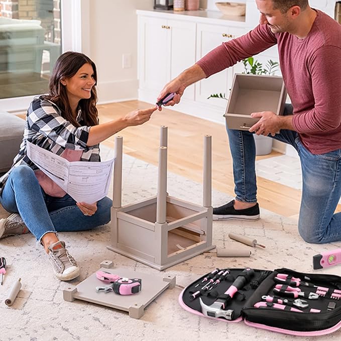 WORKPRO Pink Tool Kit - 236 Pieces Pink Tool Set with Easy Carrying Round Pouch, Household Tool Kit Perfect for DIY, Home Maintenance - Pink Ribbon