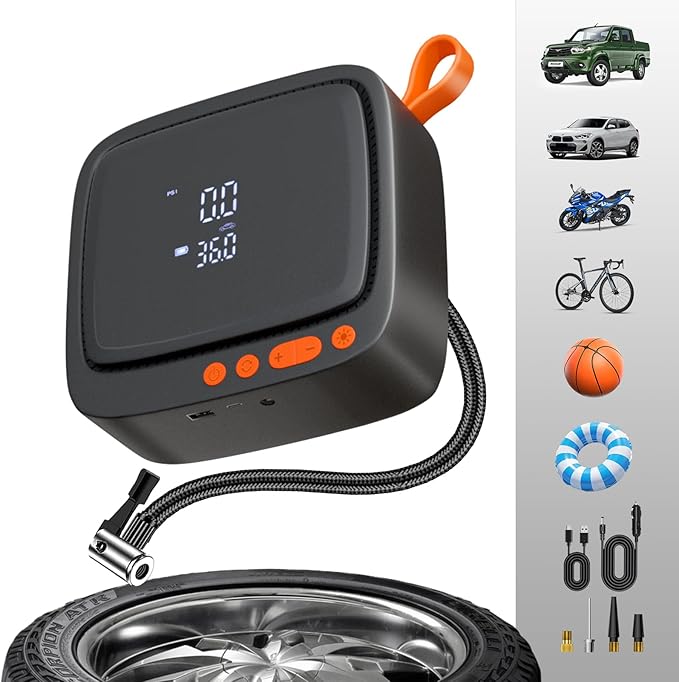 Tire Inflator Portable Air Compressor, 150PSI Faster Inflation Cordless & Corded Electric Air Pump for Car Tires with Auto Shut-Off, Dual LCD Display, 3 LED Light Modes, Black