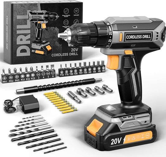 Cordless Drill, 20V MAX Power Drill Set with 2.0Ah Power Pack & Charger, 3/8 Inch Keyless Chuck, Variable Speed, 25+1 Position and 56PCS Bits/Screws, Power Tools for Home Projects