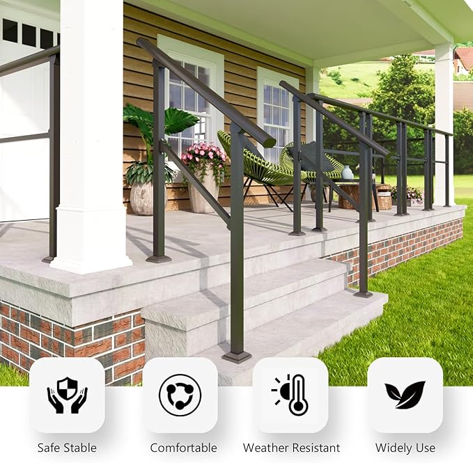 DIYHD 3 Step Handrail for Outdoor,Powder Coated Iron Stair Railing,Black Hand Rails for Indoor, Porch,Deck,2 Pack