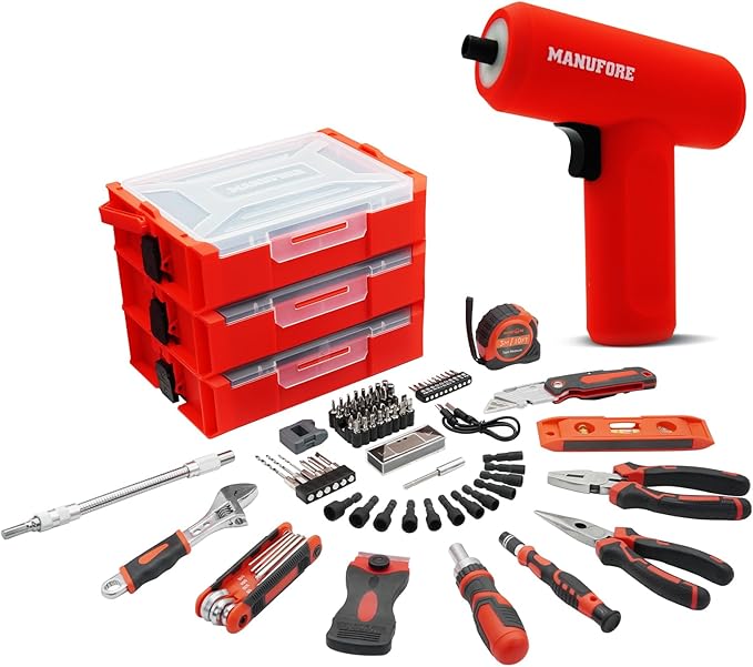 81pcs 3-layer Household Tool Set with 3.7V Cordless Screwdriver with Bits and Basic Home Hand Tools for Garden Office House Repair