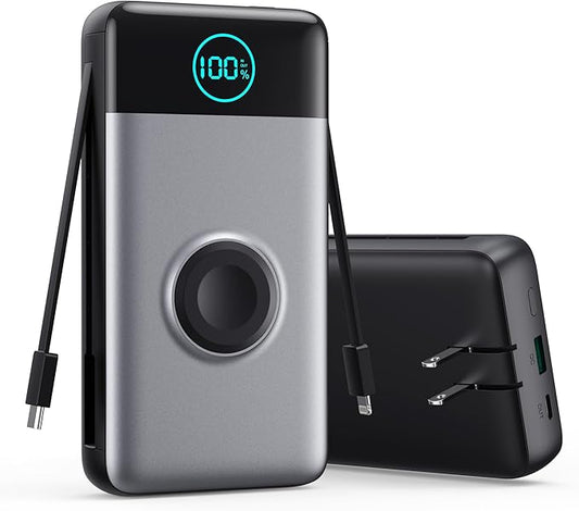 Portable Charger 40800mAh Power Bank with Built-in Cables,Wall Plug and iWatch Charger,6-IN-1 QC4.0+25W PD USB C Fast Phone Charging,LCD Display Battery Pack for iPhone 16/15/14,Apple Watch,Galaxy etc