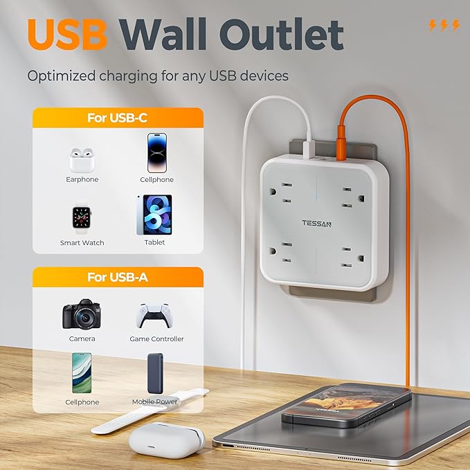Multi Plug Outlet Extender, TESSAN Surge Protector Splitter with 3 USB (1 USB C Port) Wall Charger, Multiple Expander for Travel, Home, College Dorm Room