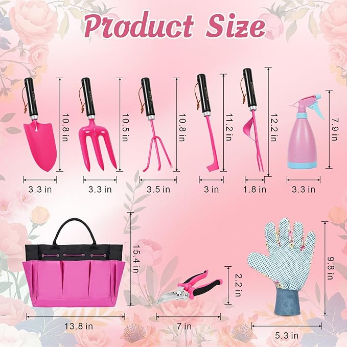 Gardening Tools 9-Piece Heavy Duty Gardening Hand Tools Set (Pink),Stainless Steels and Reinforced Garden Supplies Kit, Durable Garden Tools Organizer Handbag,Ideal Garden Gifts for Women