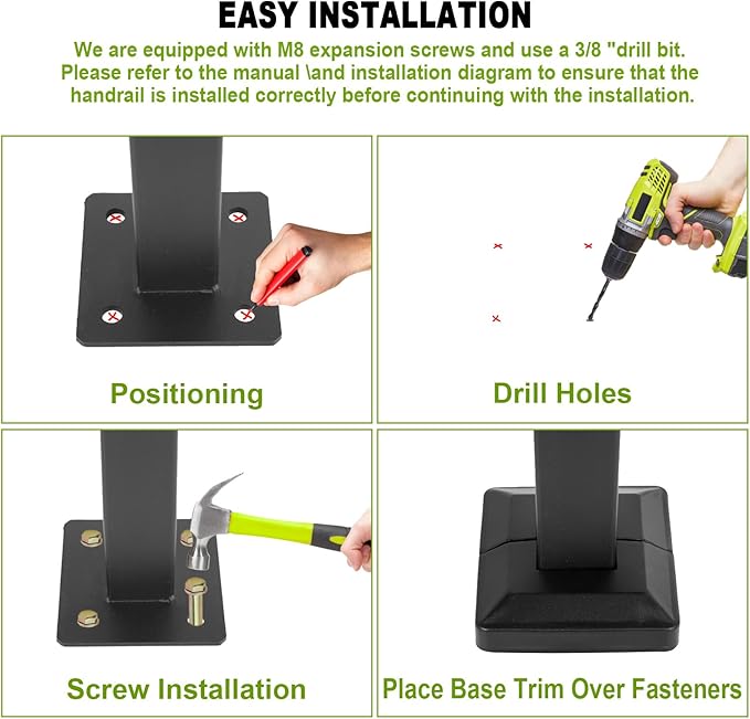 Adjustable Handrails for Outdoor Steps, Handrail Picket #4 Fits 4 or 5 Steps, Mattle Wrought Iron Handrail, Stair Rail with Installation Kit for Outdoor Steps