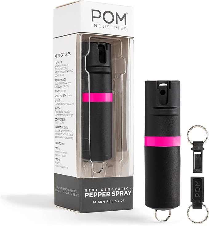 POM Pepper Spray Keychain, Quick Key Release for Instant Access, Flip Top Safety, Maximum Strength OC Formula with UV Marking Dye, 25 Bursts, 10 ft Range, 0.5 fl oz