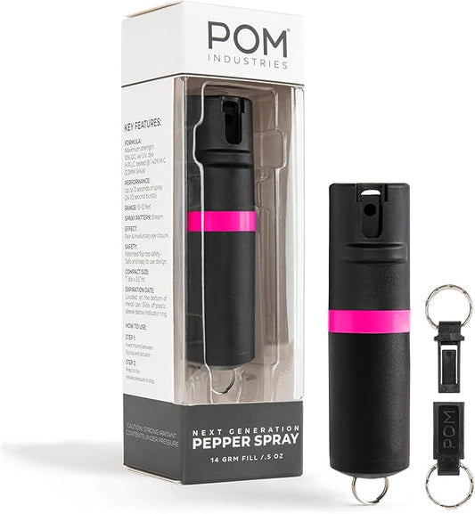 POM Pepper Spray Keychain, Quick Key Release for Instant Access, Flip Top Safety, Maximum Strength OC Formula with UV Marking Dye, 25 Bursts, 10 ft Range, 0.5 fl oz
