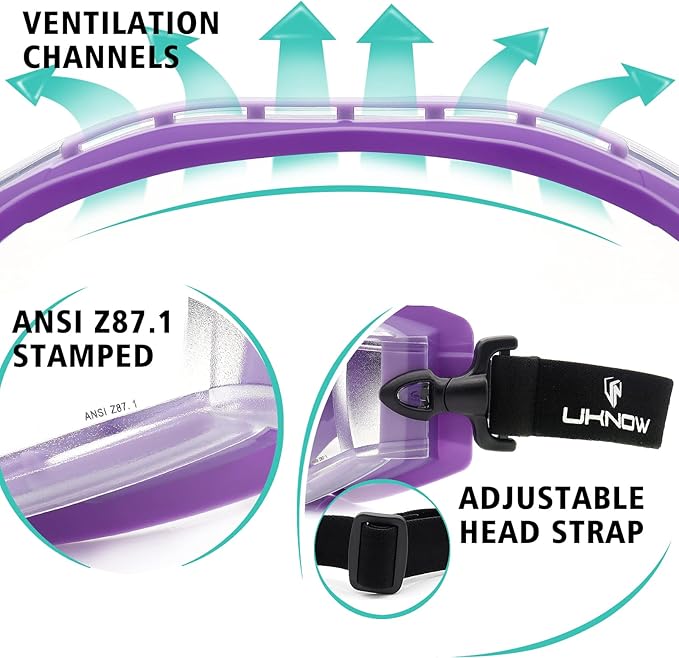 UKNOW Safety Goggles Over Glasses - Anti-Fog Clear Lens - ANSI Z87.1 Certified Eye Protection for Lab Work, Industrial Use