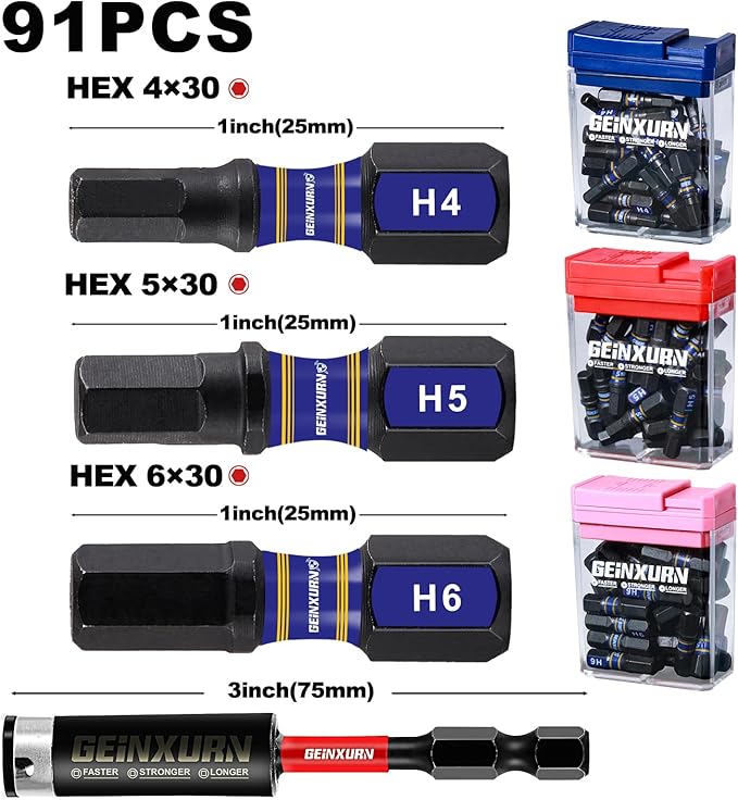 Impact Hex Screwdriver Bits Set,90 Pcs 1" Magnetic Metric(4 mm, 5 mm, 6 mm) S2 Steel Multi Driver Bits and 1Pc Bit Holder with Storage Colorful Box