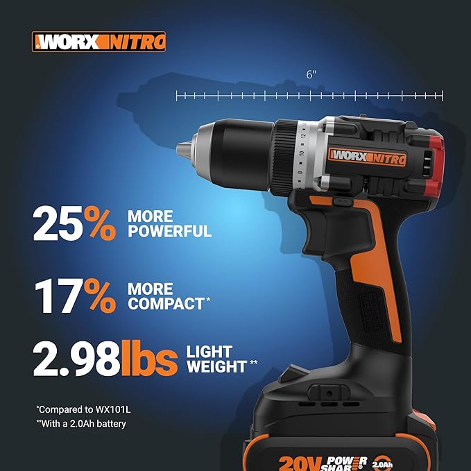 Worx Nitro 20V Cordless 1/2" Drill Driver With Brushless Motor - Compact & Lightweight Set Only 6" and 3 lbs. - Power Share Compatible WX130L - Batteries & Charger Included
