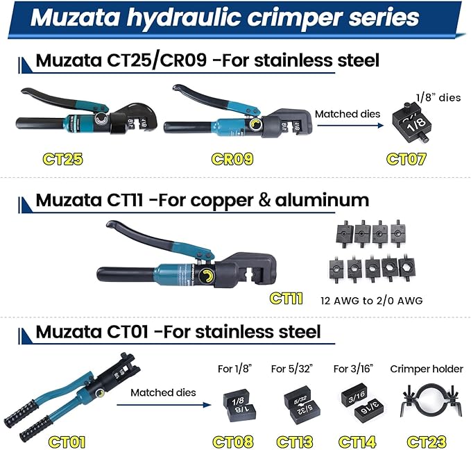 Muzata Custom Cable Railing Crimping Tool Hydraulic Crimper Hydraulic Crimping Tool for 1/8" Stainless Steel Cable Railing Kit Wire Rope Swaging Kit with Wire Cutter and Spare Dies CR09 CK12