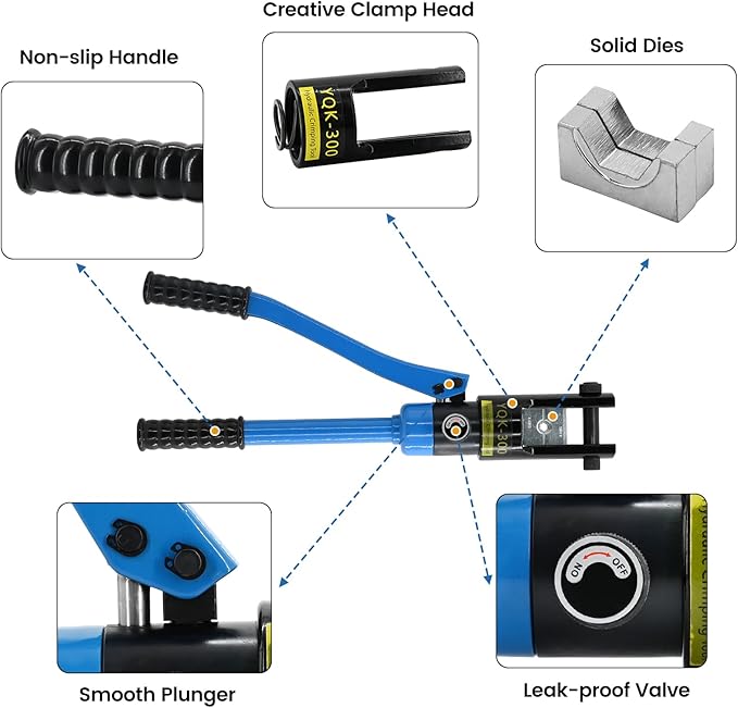 16T Hydraulic Battery Cable Crimper 8 AWG to 600 MCM Hydraulic Crimping Tool Cable Lug Crimper Electrical Terminal Wire Crimper with 13 Pairs of Dies Kit, Blue