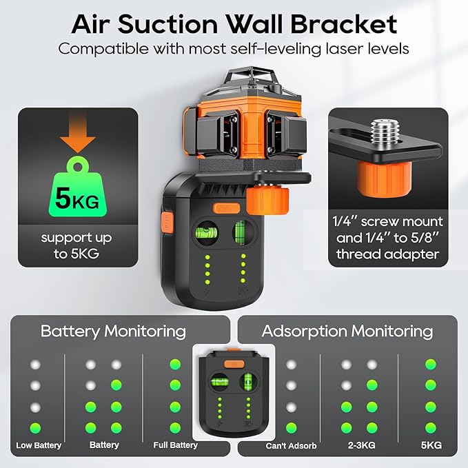 4-in-1 Laser Level Tool, Rechargeable Wall Mount Laser Level for Picture Hanging, with Line Laser, Drill Dust Collector, Wall Bracket, Electronic Vacuum Suction Cup Home Renovations