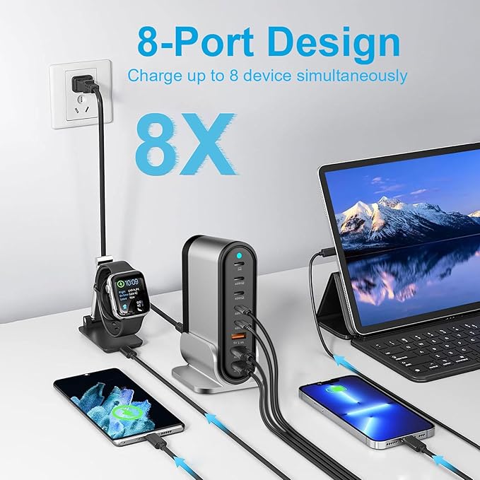 USB C Fast Charger : Fast Charging Station : 285W-8 Port Desktop Multiple Devices Power Adapter for Laptop MacBook Pro/Air, DELL, Tablet iPad Pro/Air, iPhone 16/15/14, Galaxy S23/22