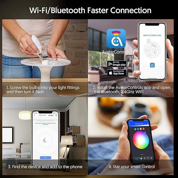 2 Pack E12 LED Light Bulb Compatible w/Google Siri Alexa Light Bulb 5W Type B Smart Bulb RGBCW 16 Million Color Changing Bulb 2.4G WiFi B11 Candelabra Bombillos Work w/Smart Life AvatarControls APP