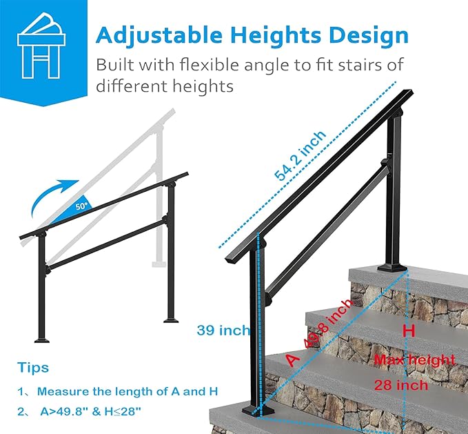 2-Pack Outdoor Handrails for 4 Steps – Black Stair Handrail & Indoor Stair Railing Kit, Exterior Stair Railing for Porch, Deck, and Garden, Complete Installation Kit