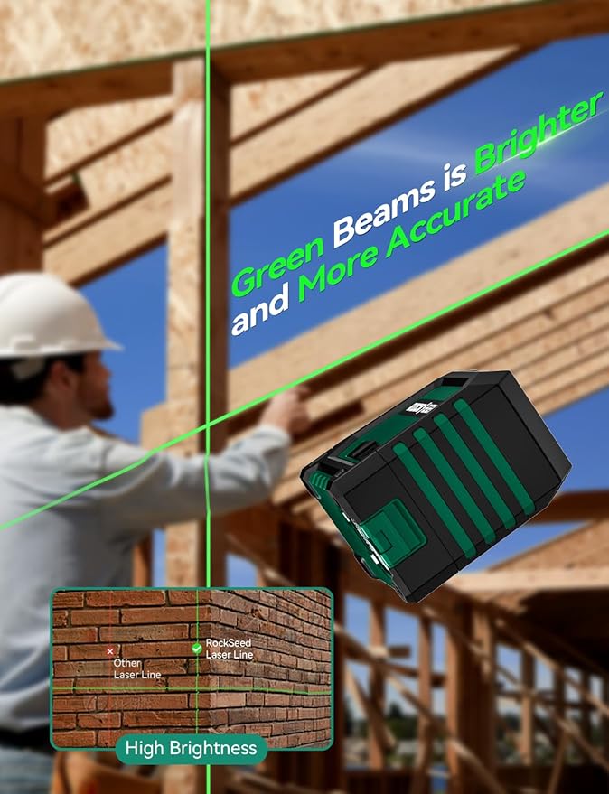 RockSeed Dual Modules Line Laser, Self Leveling Laser Level, Horizontal and 150° Vertical Green Beam, 2 AA Batteries, Carrying Bag, for Home Decoration/DIY/Construction Site