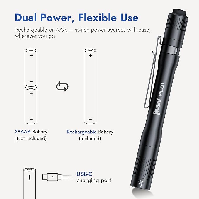 WUBEN PL01 Pen Light, 650 Lumens Pocket EDC Flashlight Rechargeable, Bright LED Pen Flashlight, IP68 Handheld Flash Lights, Compatible 2 AAA Battery for Home, Outdoor, Emergencies, Inspection