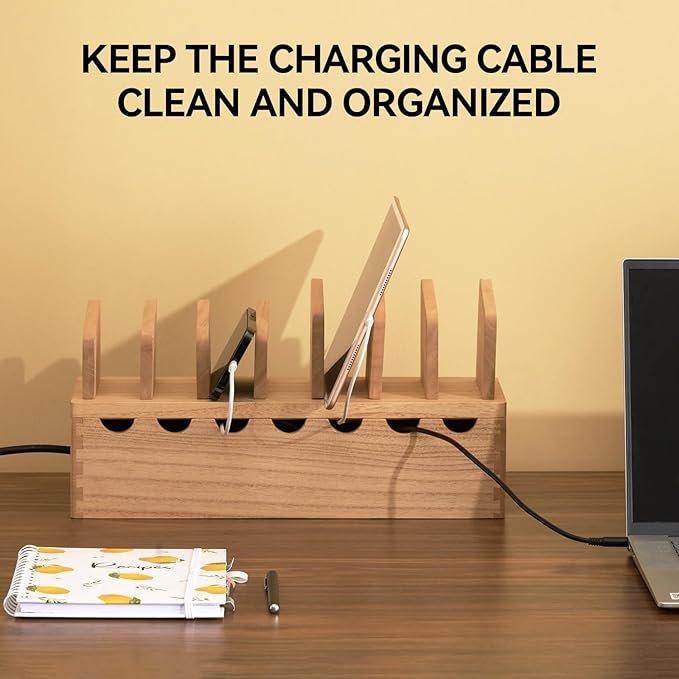 KIRIGEN Charging Station Organizer for Multiple Devices Desktop Organizer Wooden Cable Management with 7 Ports for Cell Phones, Tablets, Earphones GDXH-NA