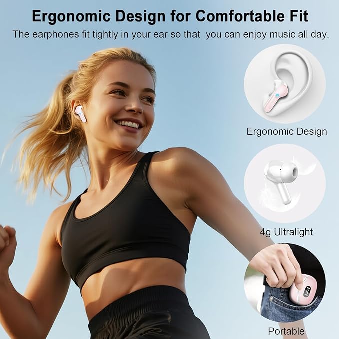 Wireless Earbuds, Bluetooth Headphones 5.4 HiFi Stereo, Ear Buds with 4 ENC Noise Cancelling Mics, 48H Bluetooth Earbuds with Dual LED Display, IP7 Waterproof in Ear Earphones for Android iOS, Pink