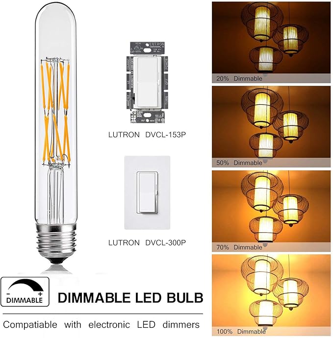 Leools T10 Led Bulbs,12W Dimmable Tubular Led Bulb,100 Watt Equivalent Edison Style Vintage LED Filament Light Bulb, E26 Long Tube Bulb,2700K Soft Warm White,7.3in(185mm),3-Pack.