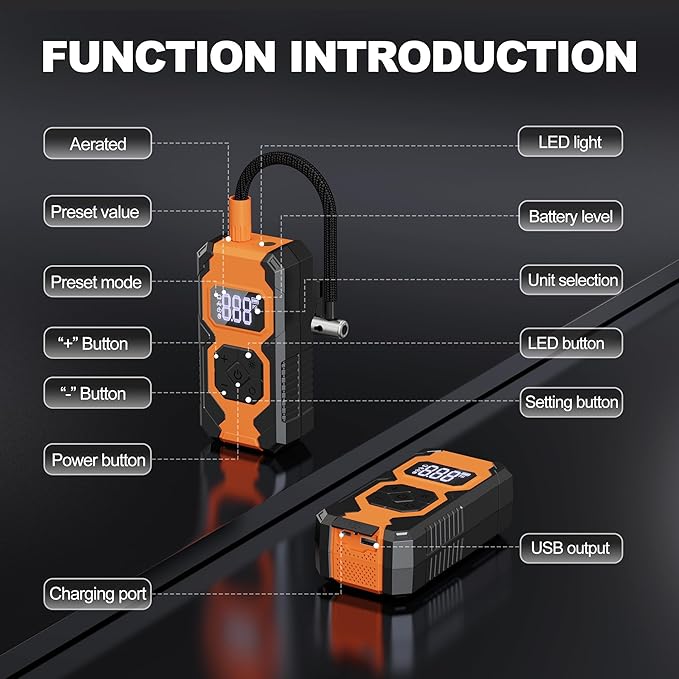 Tire Inflator Portable Air Compressor,3X Faster Portable Air Pump for Car Tires with 7800mAh Battery,150PSI Cordless Air Pump with Digital Pressure Gauge for Cars,Bike &Motorcycle,Black+Orange