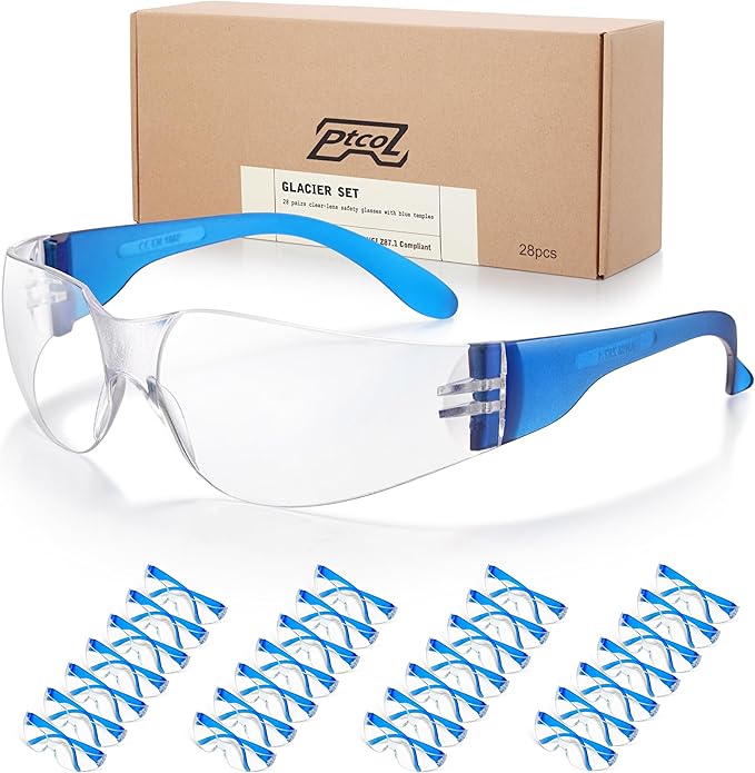 28 Pack Safety Glasses BLUE Frame (Bulk Pack of 24+4) Unisex Clear Anti-Scratch Protective Goggles Impact Resistant Lens Eyewear with ANSI Z87.1 Certified for Construction, Shooting and Laboratory