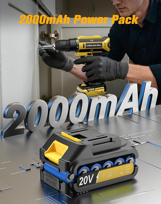 Cordless Drill, 20V MAX Power Drill Set with 2.0Ah Power Pack & Charger, 3/8 Inch Keyless Chuck, Variable Speed, 25+1 Position and 56PCS Bits/Screws, Power Tools for Home Projects