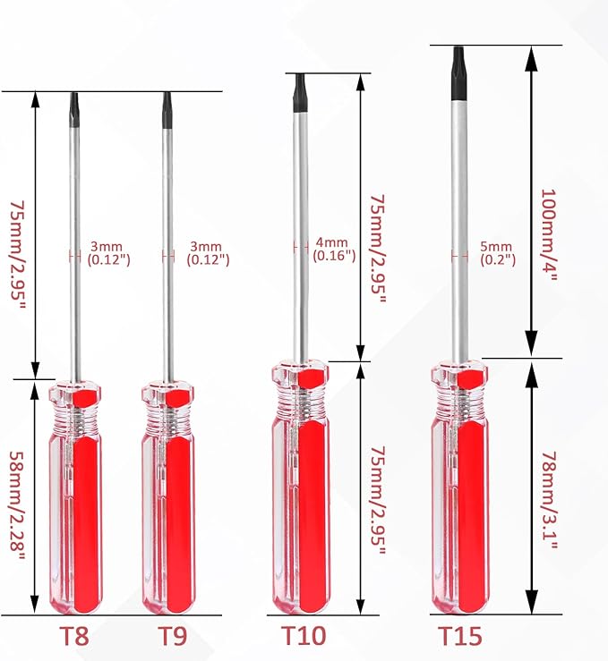 4 Pcs Torx Security Screwdriver Set with Magnetic Tip Plastic Grip, Torx Screwdriver for Computer Repairing (T8 T9 T10 T15)