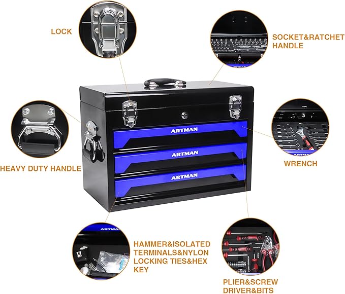 439-Piece Mechanics Tool Set, Household Tool kit with 3-Drawer Heavy Duty Metal Box, Portable Tool Box for Home/Auto Repair - Gift for Men - Blue & Black