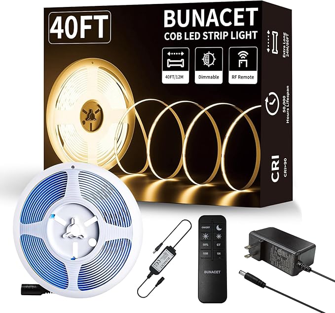 COB LED Strip Lights 5760LEDs, 40FT 3000K Dimmable Warm White Bright LED Lights for Bedroom Counter Under Cabinet Kitchen