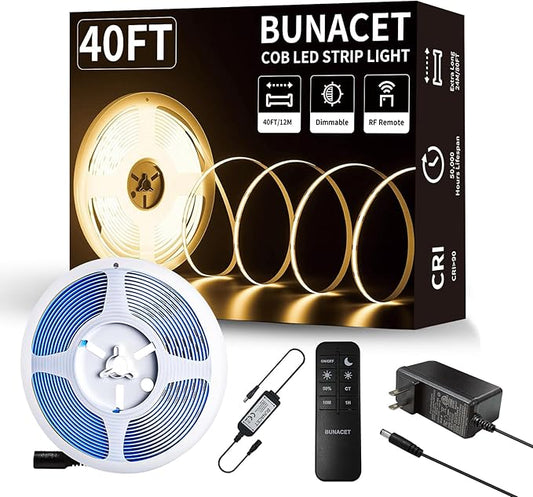 COB LED Strip Lights 5760LEDs, 40FT 3000K Dimmable Warm White Bright LED Lights for Bedroom Counter Under Cabinet Kitchen