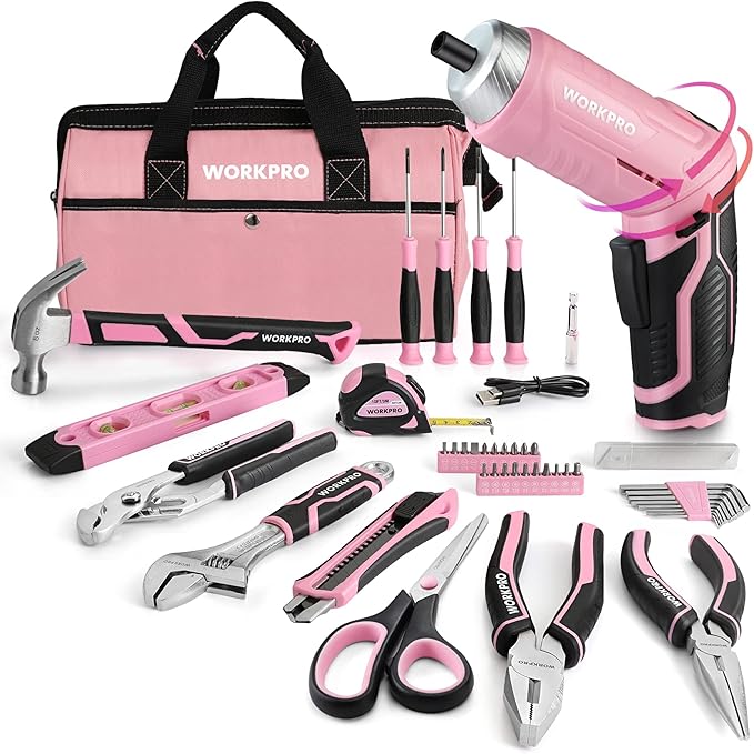 WORKPRO 53-Piece Pink Tool set with Electric Cordless Screwdriver, Basic Tool Kit Set for Women with 13'' Portable Tool Bag for DIY Home Repair/Maintenance - Pink Ribbon
