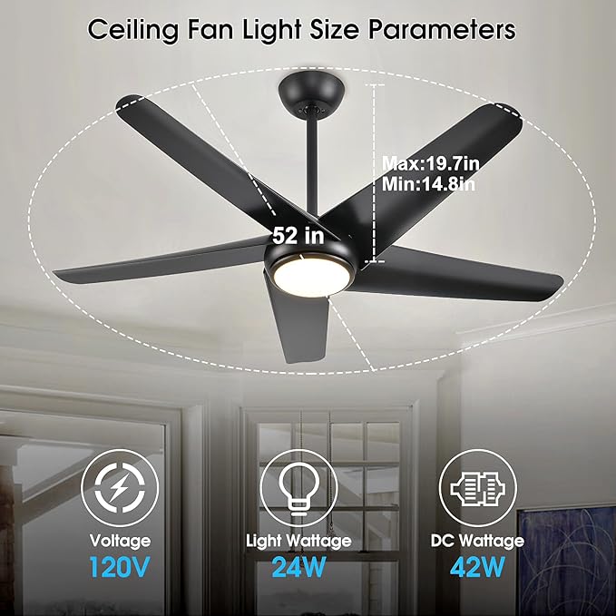 KINDLOV 52 inch Ceiling Fans with Lights and Remote,Outdoor Ceiling Fan with Light,6 Speeds,3CCT,Black Modern Ceiling Fan for Bedroom,Patio,Living Room,Indoor/Outdoor Use