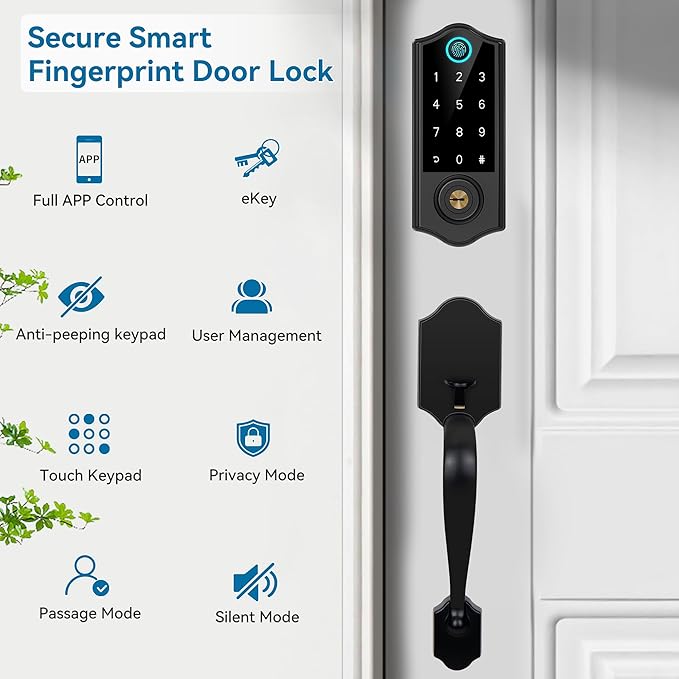 Harfo Fingerprint Smart Door Lock for Front Door with Handle Set, App Control, Keyless Entry Keyless Deadbolt, Digital Electronic Touchscreen Keypad, Auto Lock, Easy to Install, Black