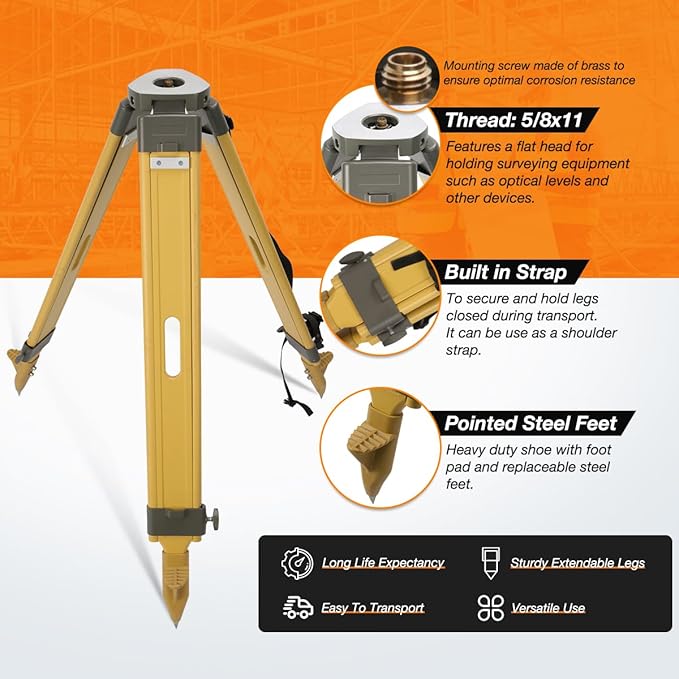 Fiberglass Surveying Tripod, Heavy Duty Yellow Fiberglass and Wood Tripod with Twist Clamp and Copper Center Screw for Robotic Total Stations and Theodolite (Flat Head-C)