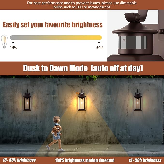 Dusk to Dawn Motion Sensor Outdoor Lights Oil Rubbed Bronze 2-Pack, 18 Inch Large Outdoor Light Fixtures Brown Exterior Lights Photocell IP65 Waterproof Outside Lanterns for House Vintage
