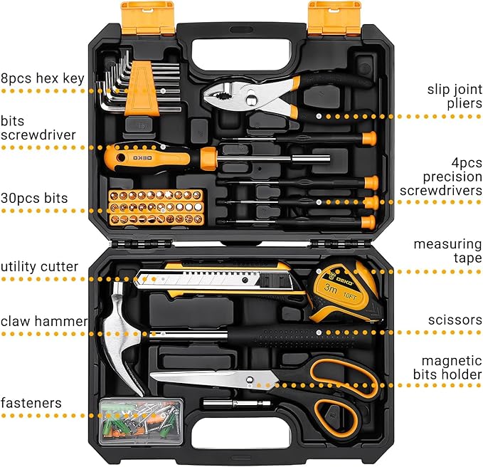 DEKOPRO General Household Hand Tool Kit with Plastic Toolbox Storage Case, All Purpose Home Tool Kit Includes Essential Tools for Office College Repairs, 50 Piece