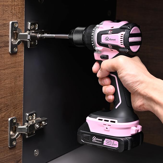 21V Lithium-Ion Cordless Drill Set, Brushless, Compact Type, including Battery, Charger and 3/8-inch Keyless Chuck; Cordless Lithium-Ion Drill Kit (Pink)