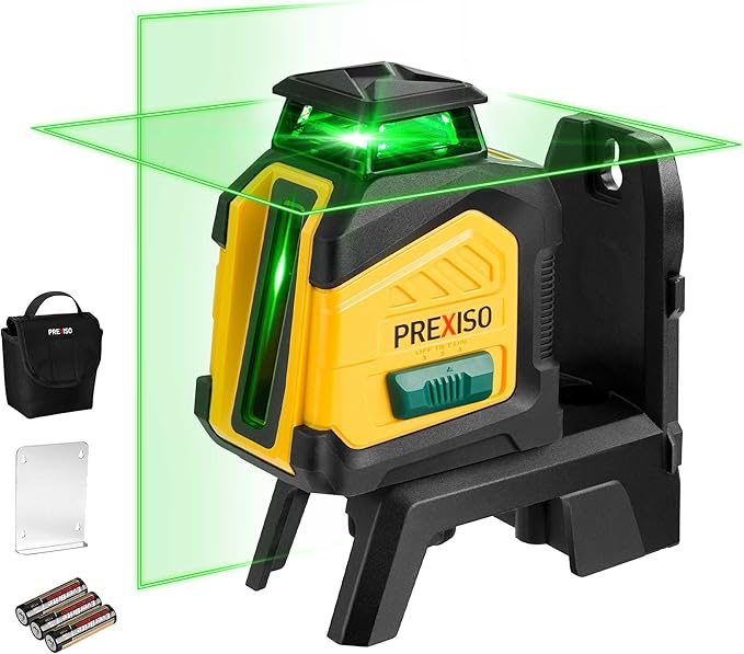PREXISO 360° Laser Level Self Leveling, 100Ft Dual Power Cross Line Laser - Wide Angle Vertical Line for Construction, Floor Tile, Renovation with Magnetic Base, Wall Panel Stand, Carry Bag