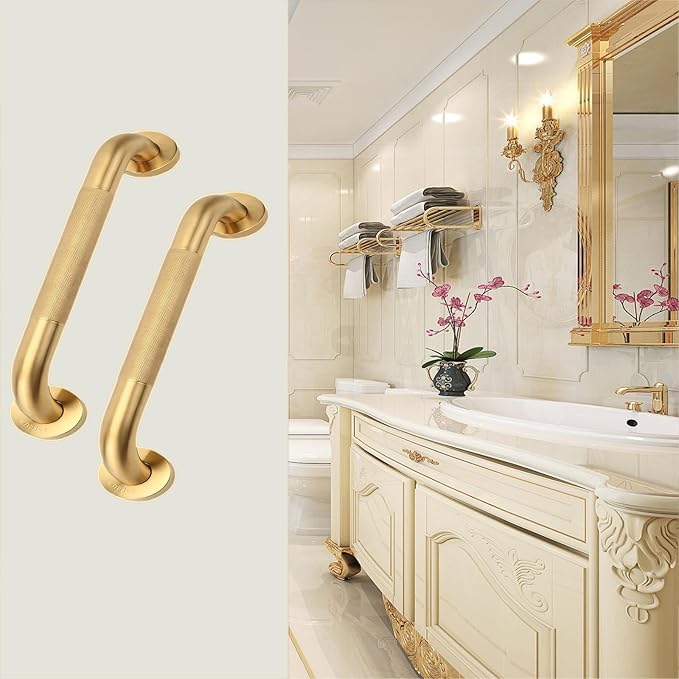 Shower Grab Bar, 2 Pack 32 Inch Gold Bathroom Grab Bar, 1.25" Diameter 304 Stainless Steel Anti-Slip Grab Bars for Bathtubs and Showers, Handicap Shower Grab Bar for Seniors Elderly