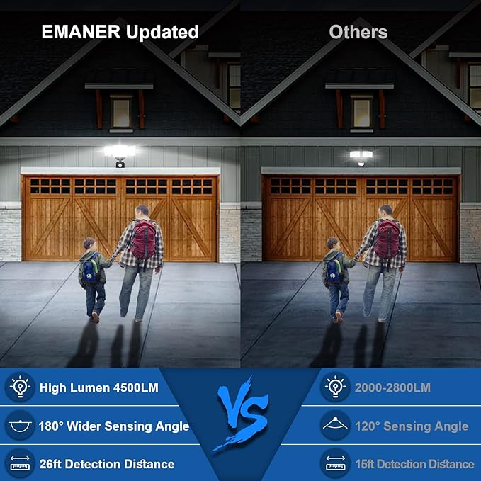 EMANER Outdoor Flood Lights Motion Sensor, Dusk to Dawn & Detection Adjust, Outside LED Security Lights 4500lm 120V, 5000K 3-Head Frosted Lens, Wall Lights for Patio/Driveway/Yard, (2-Pack, Black)