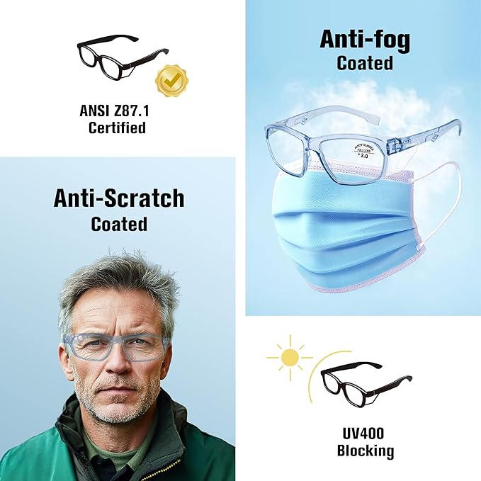 ProtectX Stylish Anti-Fog & Scratch-Resistant Safety Glasses With Readers, UV Protection Goggles, Anti-Impact Lightweight Glasses for Men＆Women 2.5-2 Pack,Blue